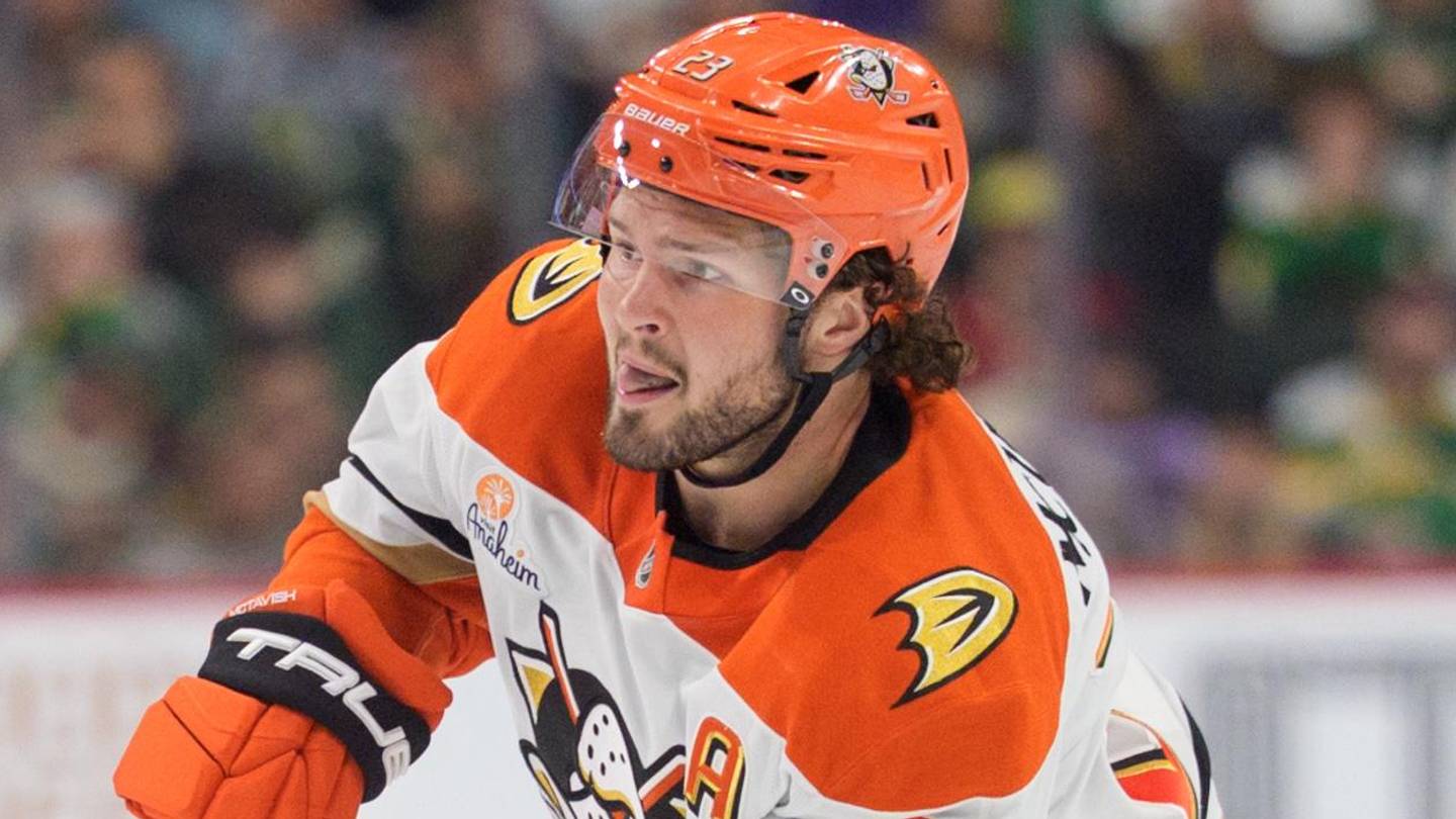 Apr 14, 2026; Saint Paul, Minnesota, USA; Anaheim Ducks center Mason McTavish (23) passes against the Minnesota Wild in the third period at Grand Casino Arena. Mandatory Credit: Matt Blewett-Imagn Images