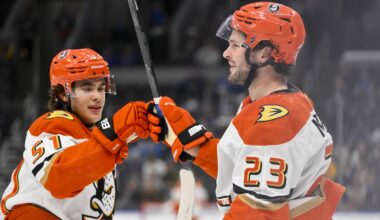 Dec 1, 2025; St. Louis, Missouri, USA; Anaheim Ducks center Mason McTavish (23) is congratulated by defenseman Olen Zellweger (51) after scoring against the St. Louis Blues during the first period at Enterprise Center. Mandatory Credit: Jeff Curry-Imagn Images