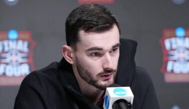 Apr 5, 2026; Indianapolis, IN, USA; UConn's Alex Karaban during a press conference ahead of the Final Four of the men's 2026 NCAA Tournament at Lucas Oil Stadium. Mandatory Credit: Robert Deutsch-Imagn Images