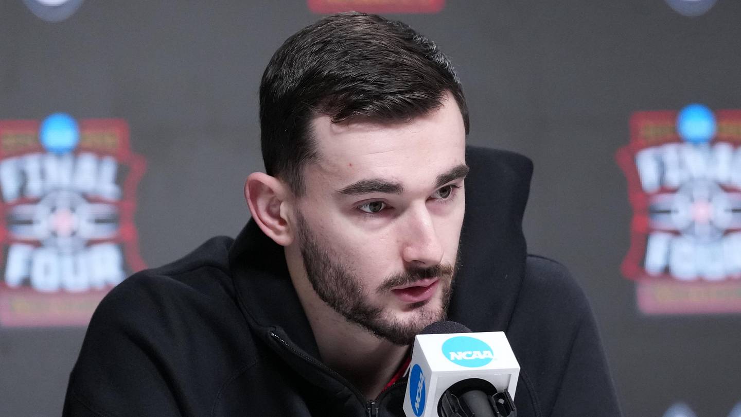 Apr 5, 2026; Indianapolis, IN, USA; UConn's Alex Karaban during a press conference ahead of the Final Four of the men's 2026 NCAA Tournament at Lucas Oil Stadium. Mandatory Credit: Robert Deutsch-Imagn Images