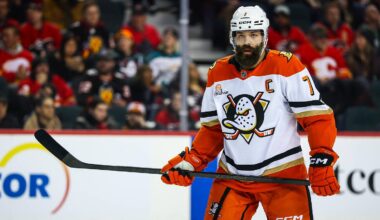 Jan 25, 2026; Calgary, Alberta, CAN; Anaheim Ducks defenseman Radko Gudas (7) against the Calgary Flames during the third period at Scotiabank Saddledome. Mandatory Credit: Sergei Belski-Imagn Images