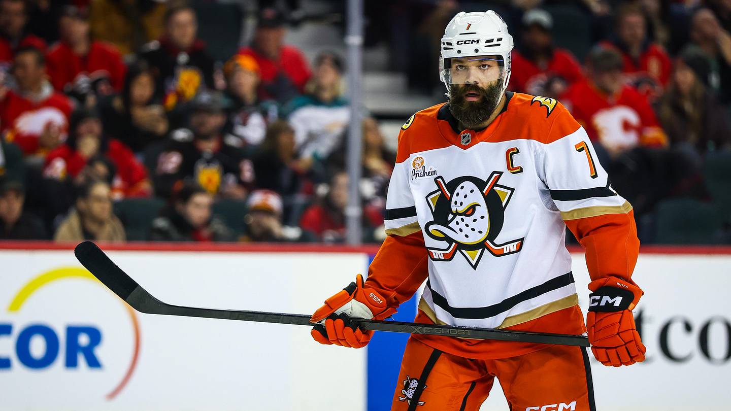 Jan 25, 2026; Calgary, Alberta, CAN; Anaheim Ducks defenseman Radko Gudas (7) against the Calgary Flames during the third period at Scotiabank Saddledome. Mandatory Credit: Sergei Belski-Imagn Images