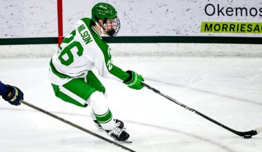 Michigan State's Eric Nilson moves the puck against Notre Dame during the first period on Thursday, Feb. 19, 2026, at the Munn Ice Arena in East Lansing.