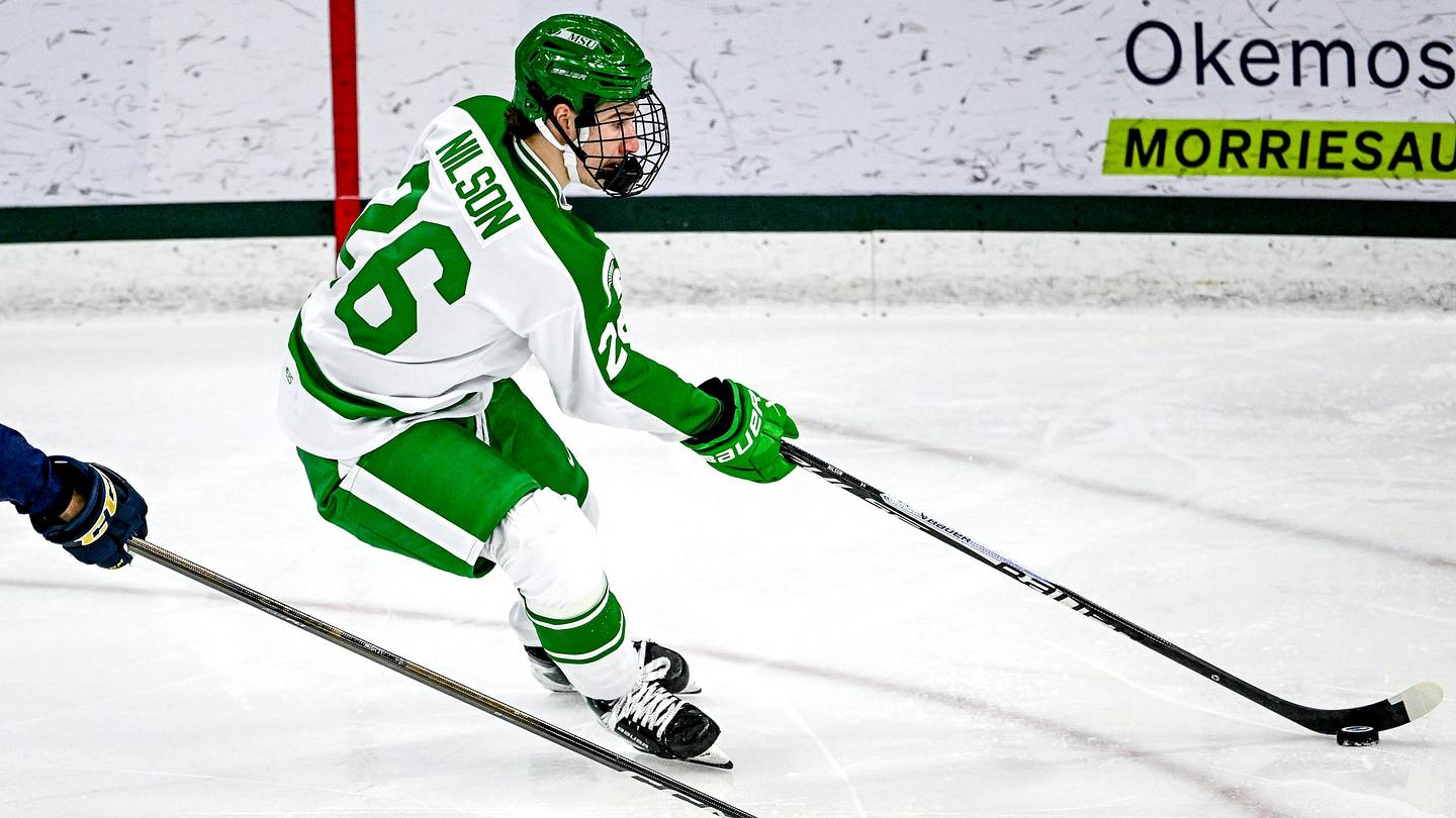 Michigan State's Eric Nilson moves the puck against Notre Dame during the first period on Thursday, Feb. 19, 2026, at the Munn Ice Arena in East Lansing.