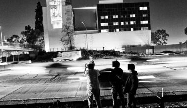 VJayBombs’ satirization of the State of the Union address projected onto the L.A. Downtown Medical Center.