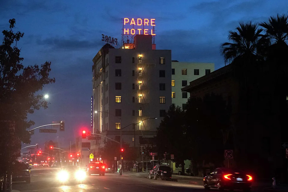 FILE: Cars drive past the Padre Hotel in downtown Bakersfield just blocks from the site of the Greyhound bus station. (Charles Russo/SFGATE)