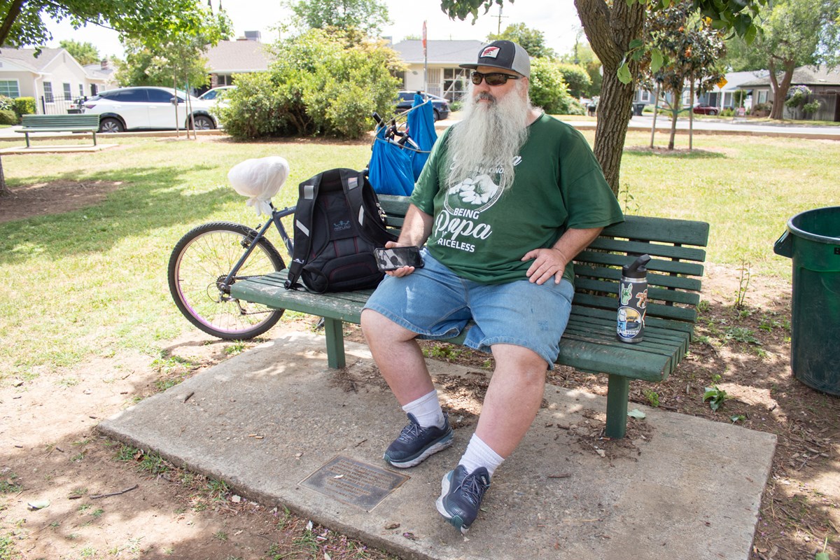Retired veteran and downtown Sacramento resident Jeff, 47, Thursday, May 28, 2026, at East Portal Park in East Sacramento.
