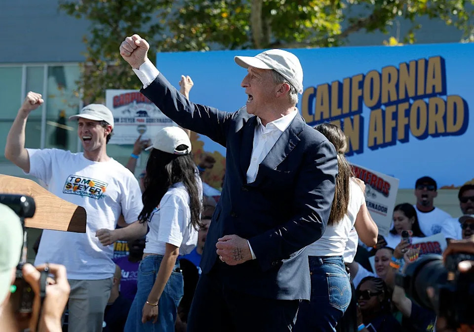 California Democratic gubernatorial candidate Tom Steyer speaks during a Get Out The Vote rally at Los Angeles Trade-Technical College on May 31, 2026 in Los Angeles, California.