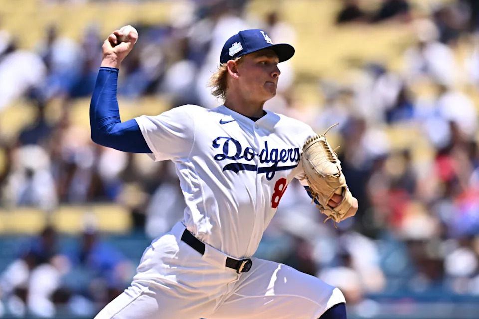 Jun 7, 2026; Los Angeles, California, USA; Los Angeles Dodgers pitcher Emmet Sheehan (80) throws to the plate against the Los Angeles Angels during the first inning at Dodger Stadium. Mandatory Credit: William Liang-Imagn Images
