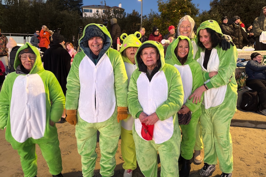 a group of seven people dressed in frog outfits