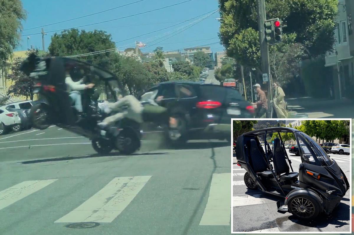 Graphic footage shows driver flung from three-wheeler after smashing into Audi at intersection
