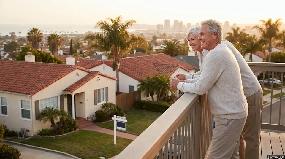 An older Caucasian couple stands on a balcony, leaning on a light brown railing, smiling and looking towards the right. The man wears a light grey sweater and khaki pants, and the woman wears a light cream sweater. In the background, a sunny residential neighborhood unfolds with numerous houses featuring red tile roofs. Palm trees are scattered throughout, and in the far distance, a city skyline and the ocean are visible under a clear, bright sky. A 'FOR SALE' sign is visible on the lawn of one of the houses below.