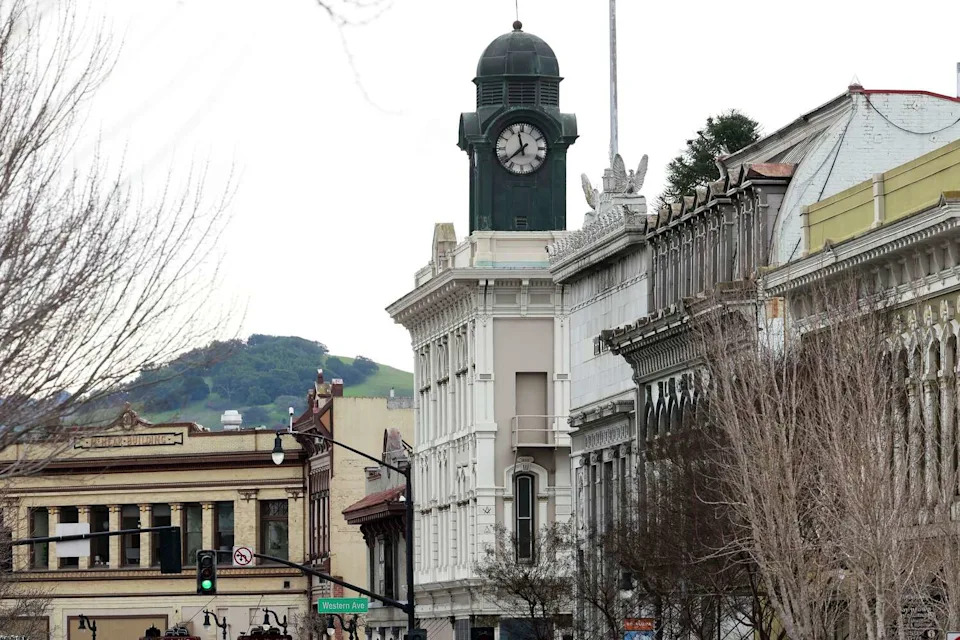 The clock tower sits over Petaluma Boulevard in historic downtown Petaluma. (Jessica Christian/S.F. Chronicle)