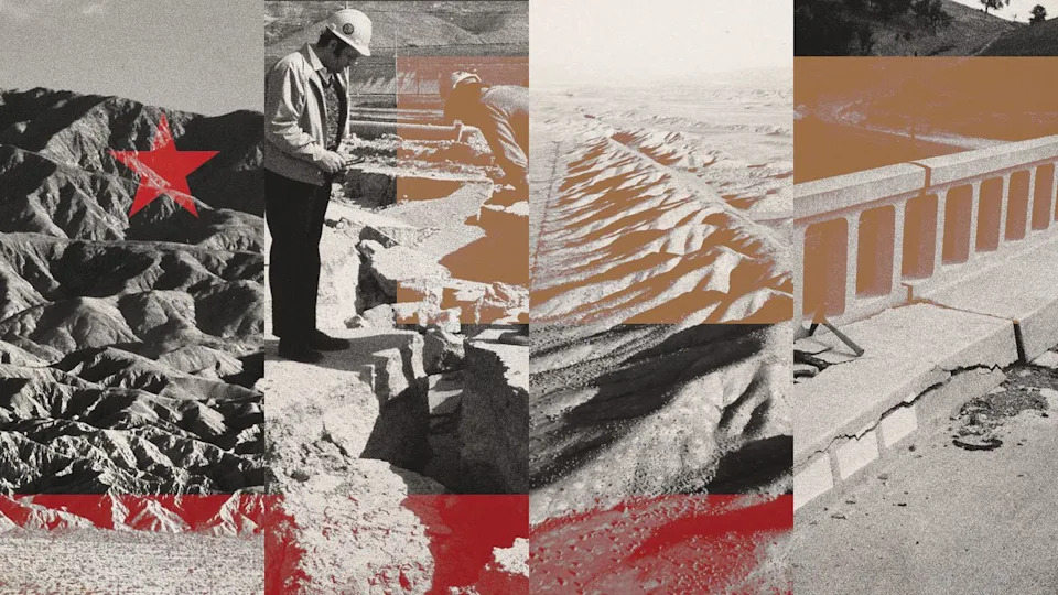  Photo collage of the San Andreas geologic Fault Line, men in hard hats inspecting earthquake damage, the Carrizo Plain, and structural cracks to a bridge in Parkfield, California. 