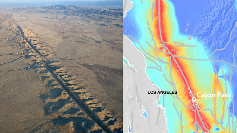 Aerial view of the San Andreas fault and map showing tectonic stress at the San Andreas fault in 2025.