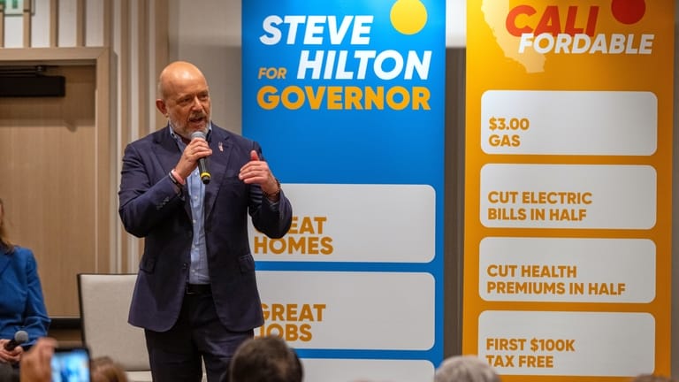 California Republican gubernatorial candidate Steve Hilton speaks during a campaign...