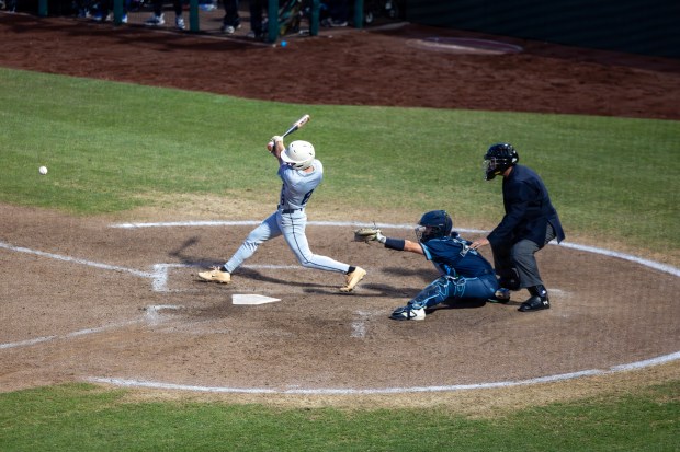 Soquel High outfielder Trey Sousa makes contact on a Valley Christian pitch in the CCS Division I championship game at Excite Ballpark in San Jose on Saturday. (Sarah Smith - Santa Cruz Sentinel)