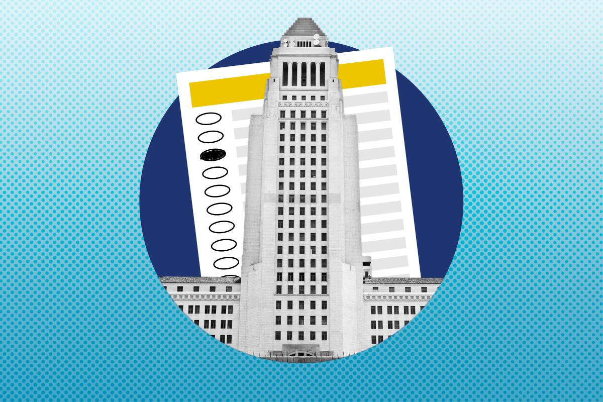 photo illustration of Los Angeles City Hall with a ballot in the background