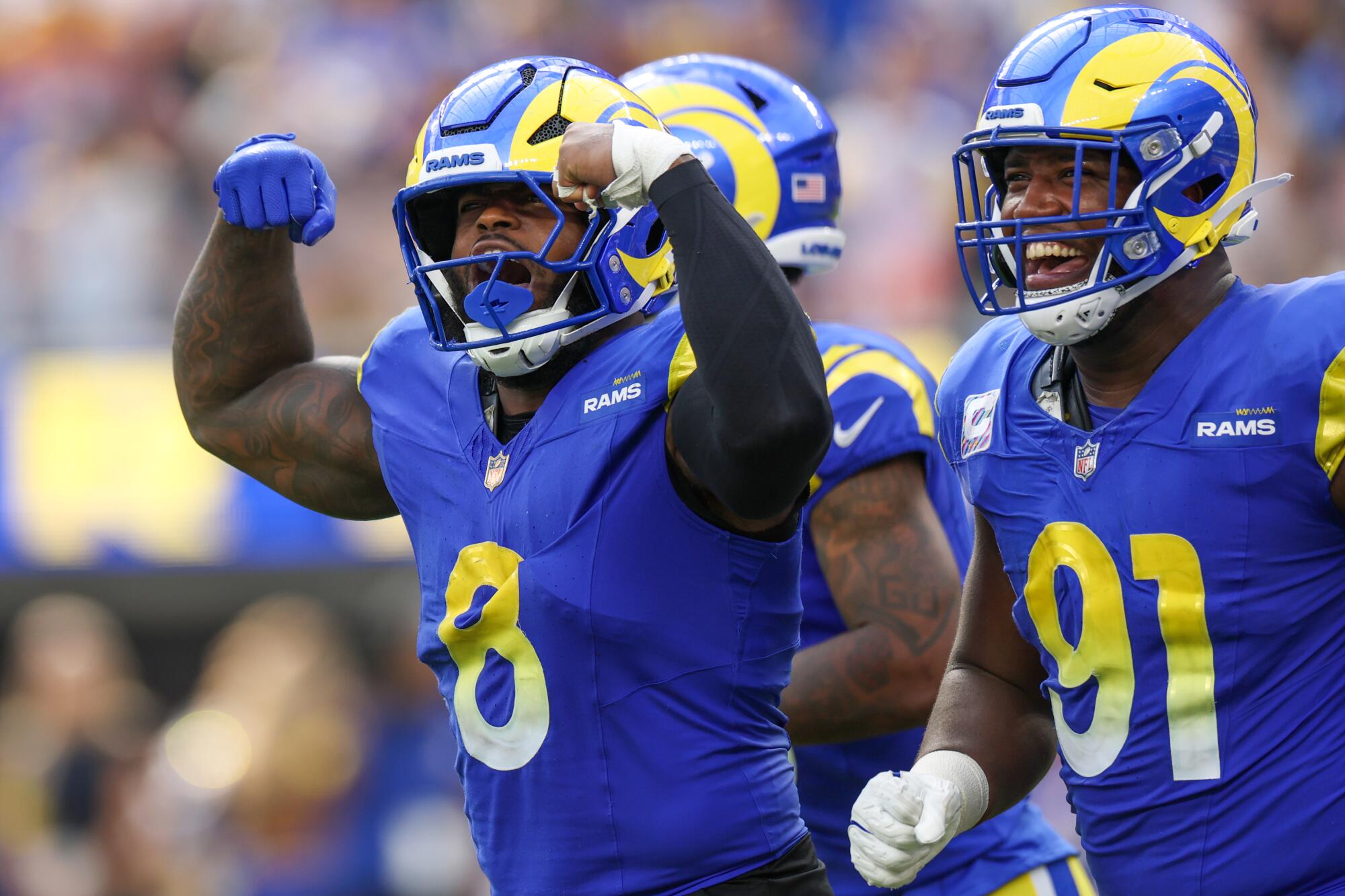 Rams linebacker Jared Verse celebrates after a defensive stand against the Colts in September.