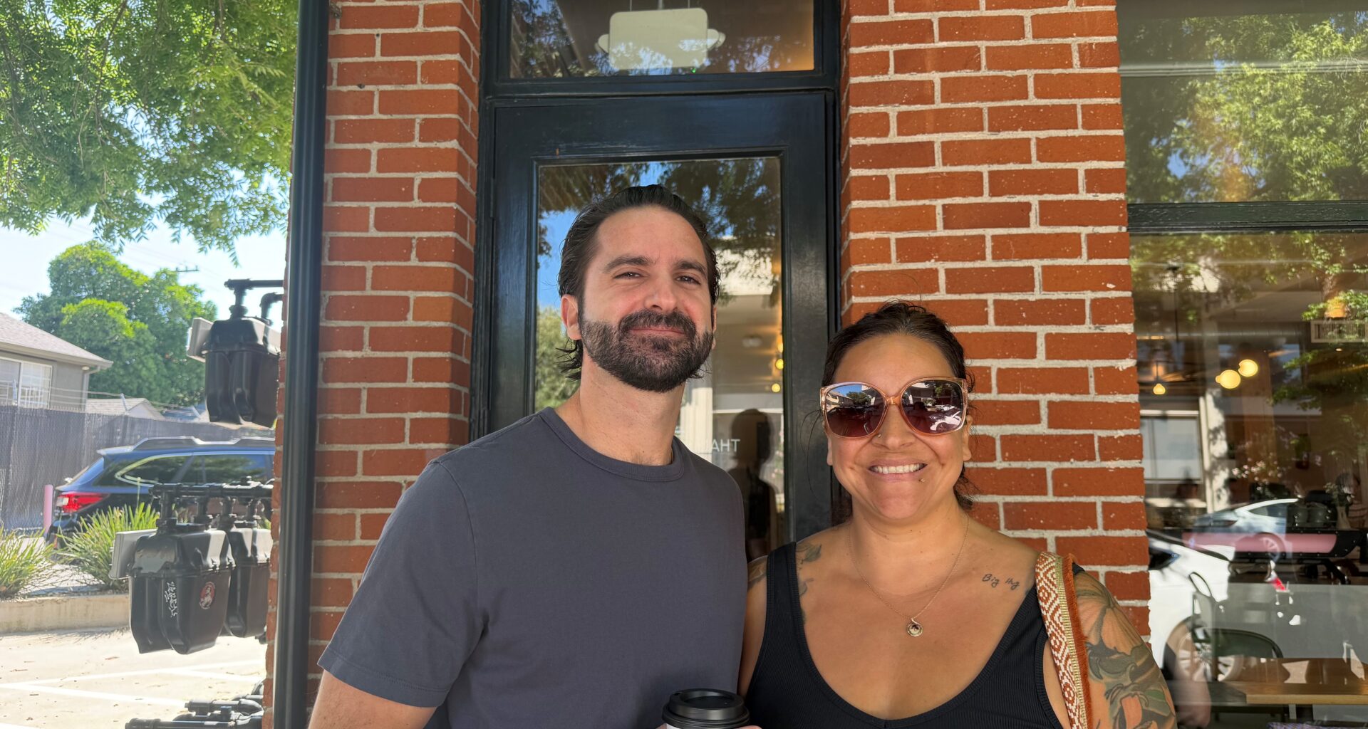 Carissa Dodge and her husband, James Dodge, outside a coffee shop near Sacramento&rsquo;s Land Park neighborhood. June 1, 2026.