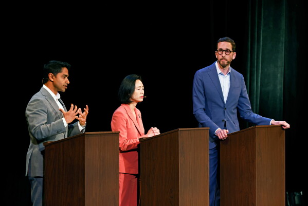 Candidates for San Francisco's Congressional District 11 seat, from left, Saikat Chakrabarti, Connie Chan, and Scott Wiener debate at the Sydney Goldstein Theater in San Francisco, on Tuesday, March 31, 2026. (Carlos Avila Gonzalez/San Francisco Chronicle via AP)