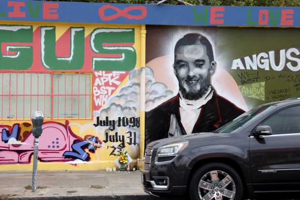 A mural in memory of "Euphoria" star Angus Cloud was recently painted by his friends on East 19th Street near Park Boulevard in Oakland, Calif., on Wednesday, Aug. 2, 2023. Angus, native of Oakland, died Monday at his parents house in Oakland. (Ray Chavez/Bay Area News Group)