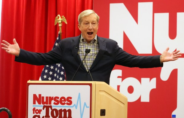 Gubernatorial candidate Tom Steyer takes part in a rally with members of the California Nurses Association on Tuesday, May 5, 2026, in Oakland, Calif. (Aric Crabb/Bay Area News Group)