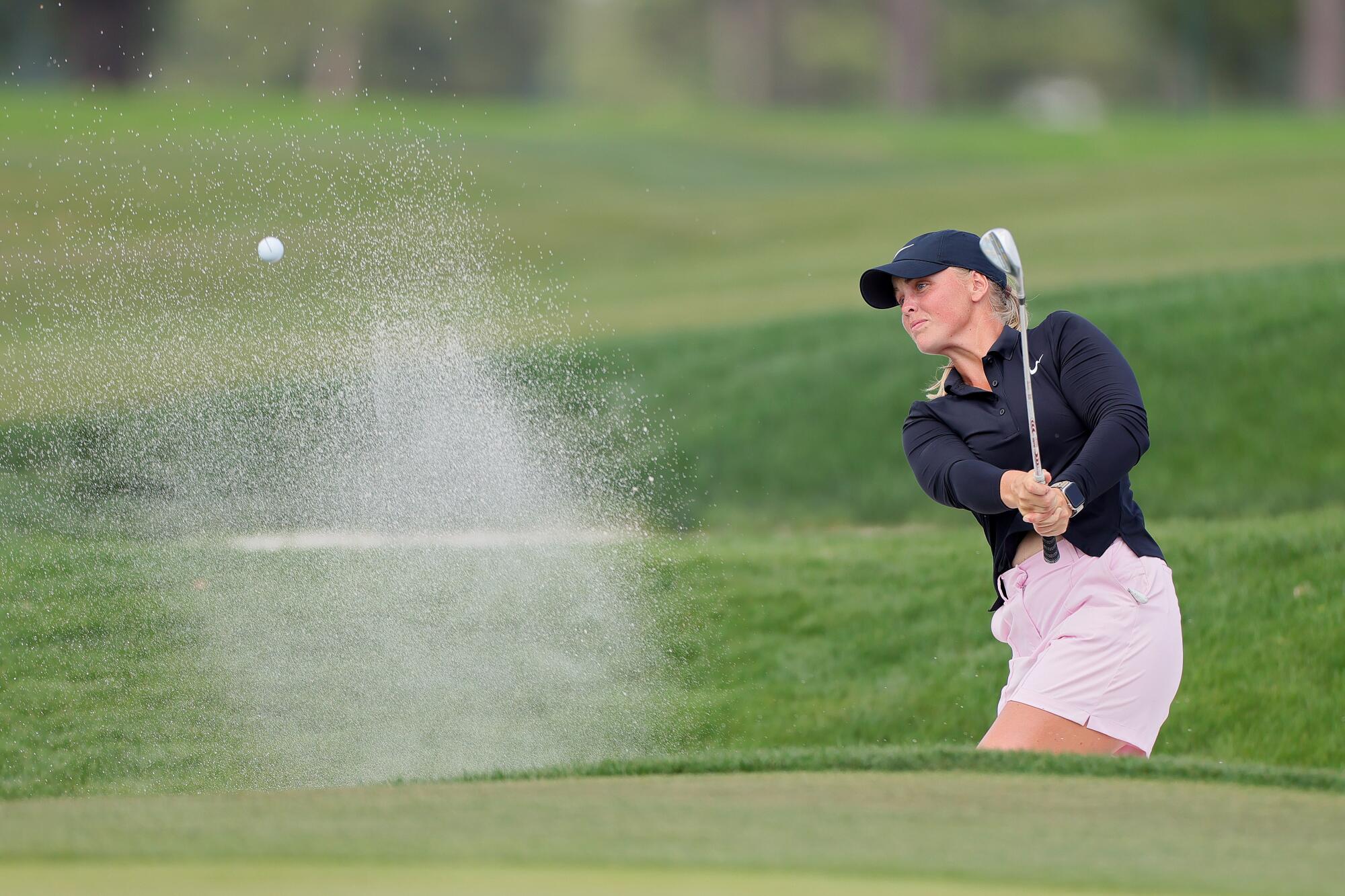 Maja Stark plays a shot from a bunker on the 17th hole during the third round of the Chevron Championship on April 25.