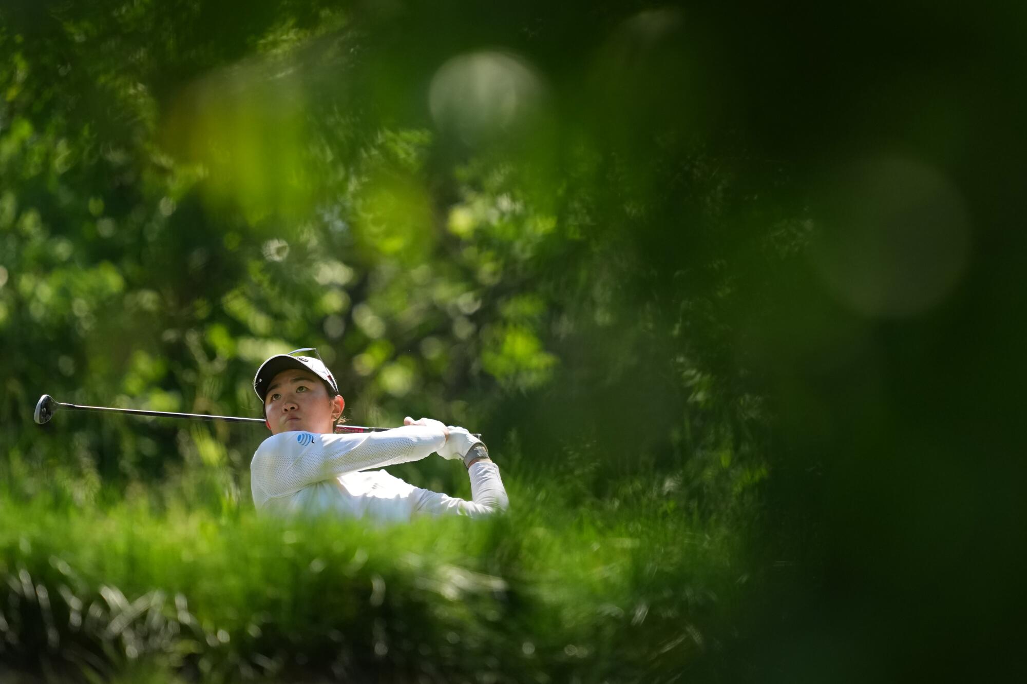 Rose Zhang hits from the ninth tee during the final round of the Queen City Championship on May 17.