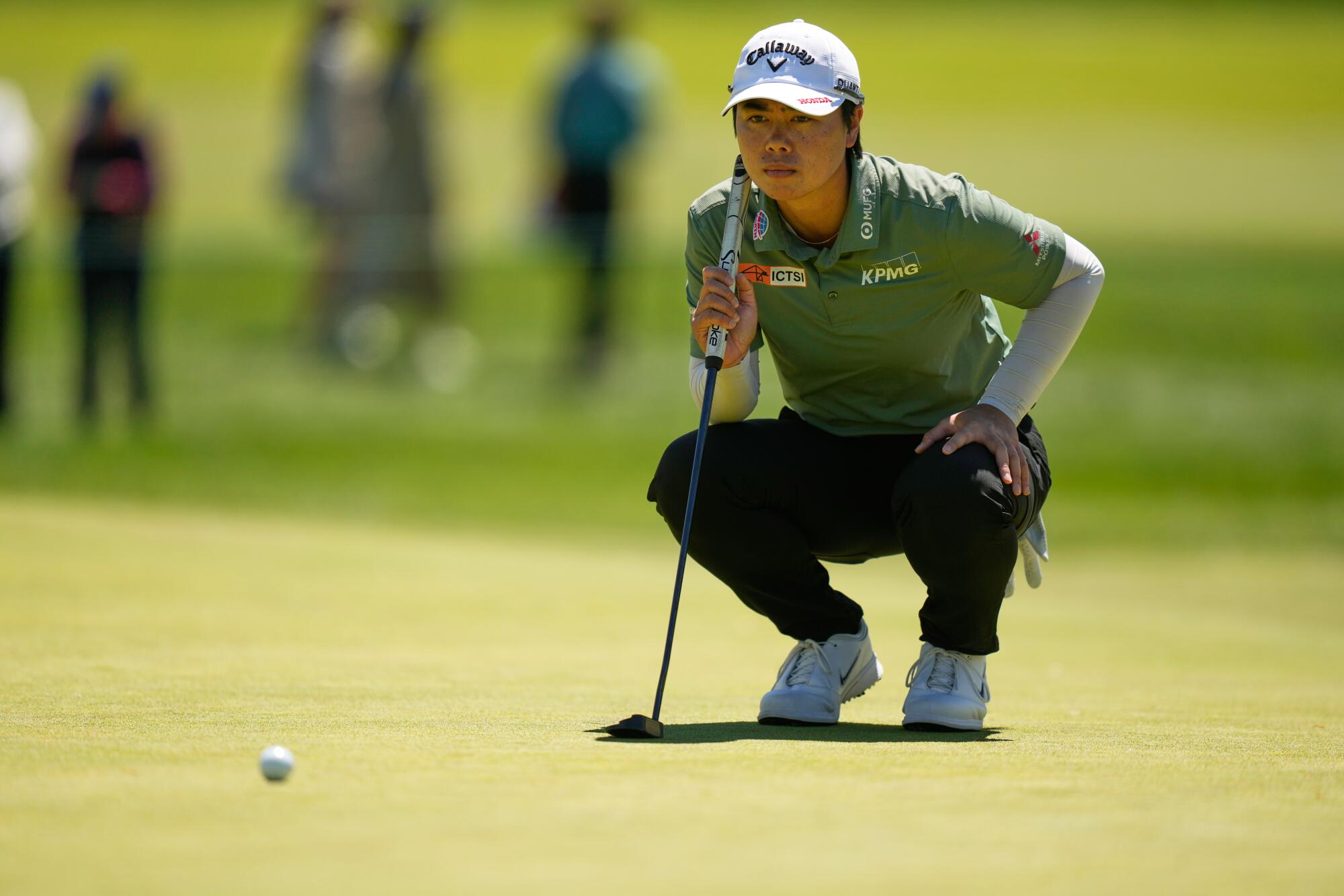 Yuka Saso lines up a putt during the first round of the Mizuho Americas Open on May 7.