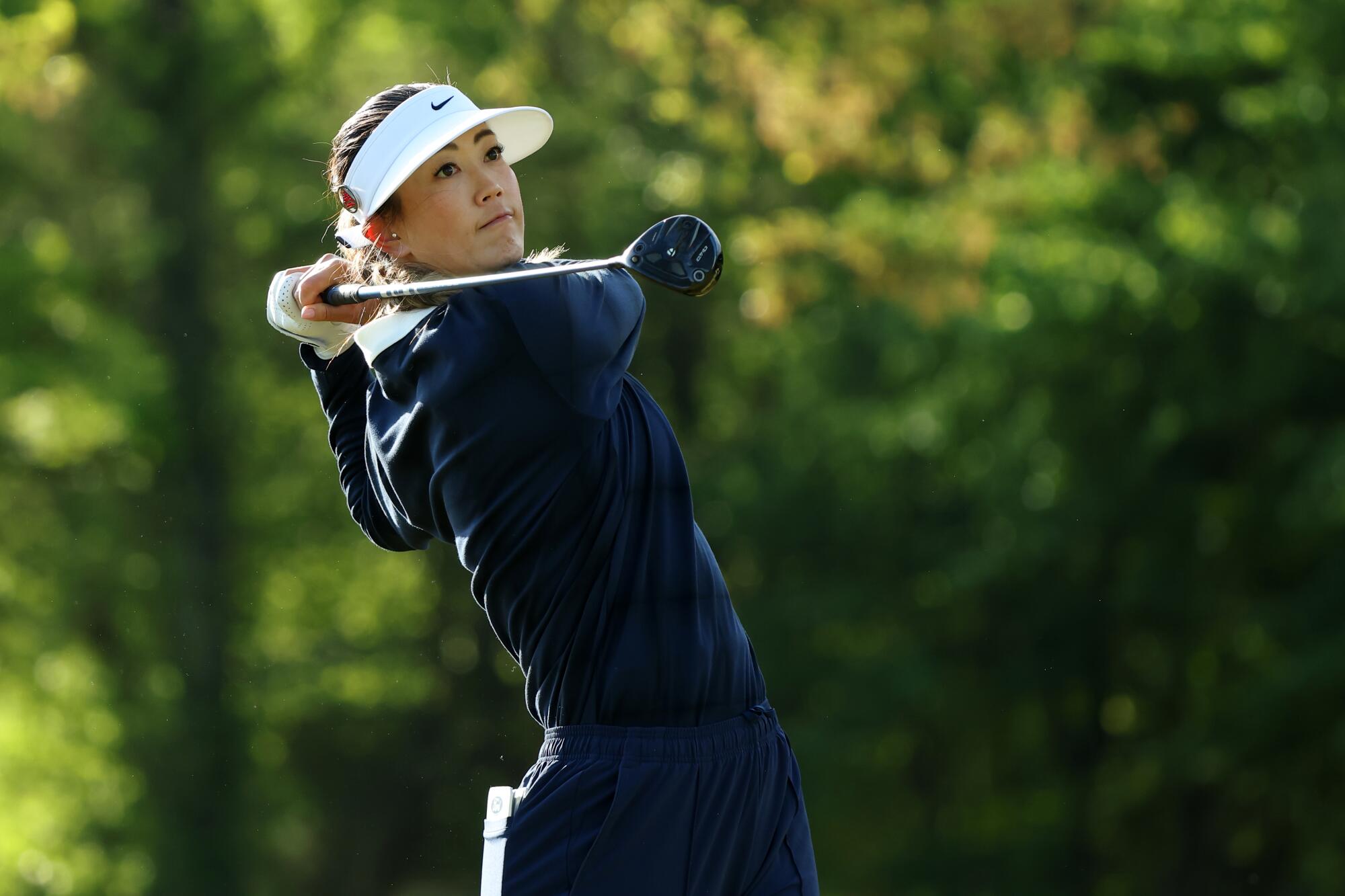 Michelle Wie West of the United States hits from the third tee during the first round of the Mizuho Americas Open on May 7.