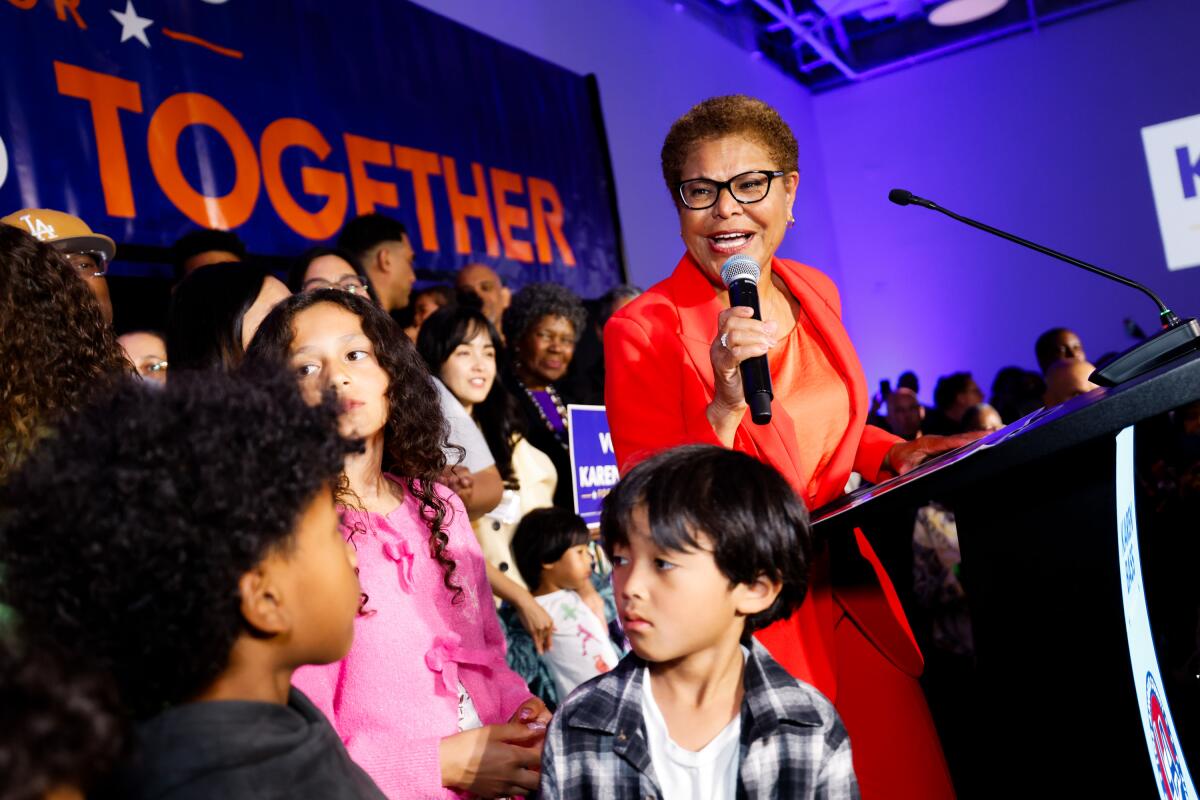 Mayor Karen Bass speaks at her election party on Tuesday, June 2, 2026 in Los Angeles.