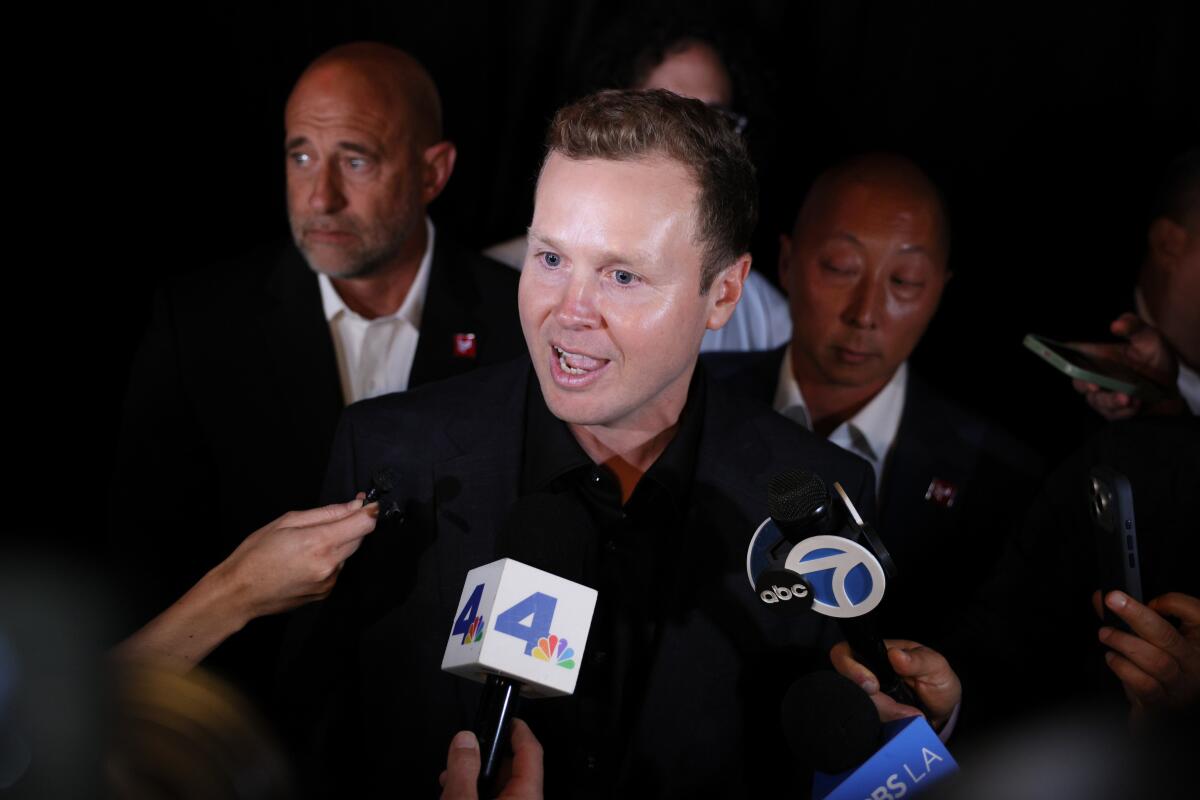 Los Angeles mayoral candidate Spencer Pratt speaks to the media.