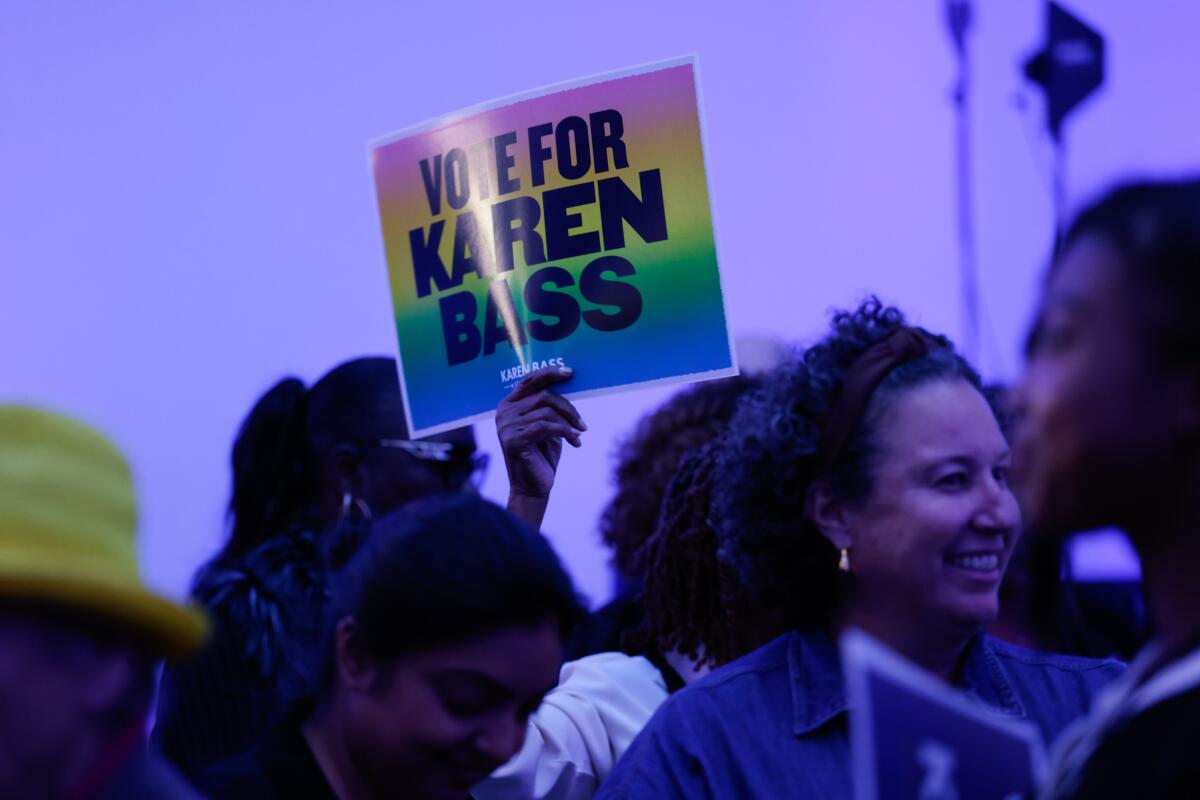 Mayor Karen Bass greets supporters at the Line Hotel in Los Angeles.