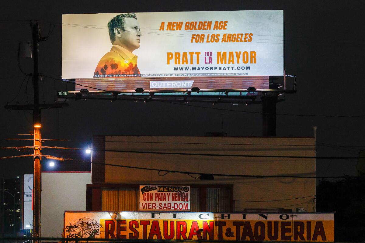 A political billboard for City of Los Angeles mayoral candidate Spencer Pratt.