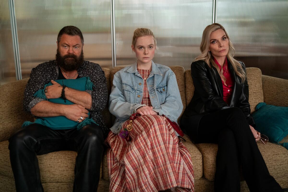 Nick Offerman as Jinx, Elle Fanning as Margo and Michelle Pfeiffer as Shyanne, from left.