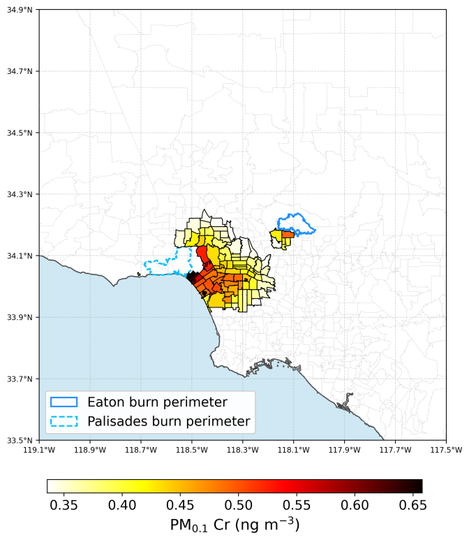 A map showing L.A. County with outlines of hte Palisades and Eaton fire burn scars, and varying colors of nearby ZIP codes where airborne chromium-6 may have drifted. 