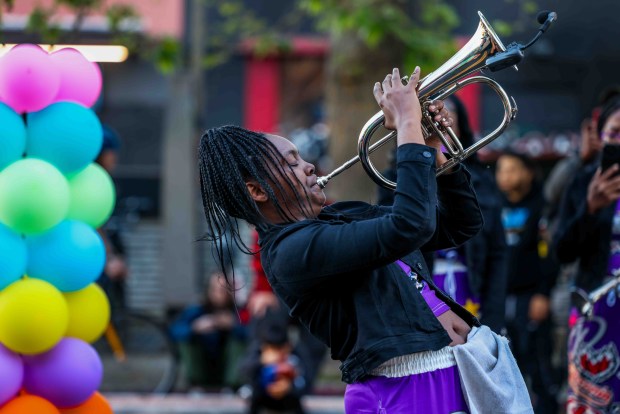 Shayla Bell, of Stockton, performs during the Oakland First Fridays event along Telegraph Avenue in Oakland, Calif., Friday, April 3, 2026. (Ray Chavez/Bay Area News Group)