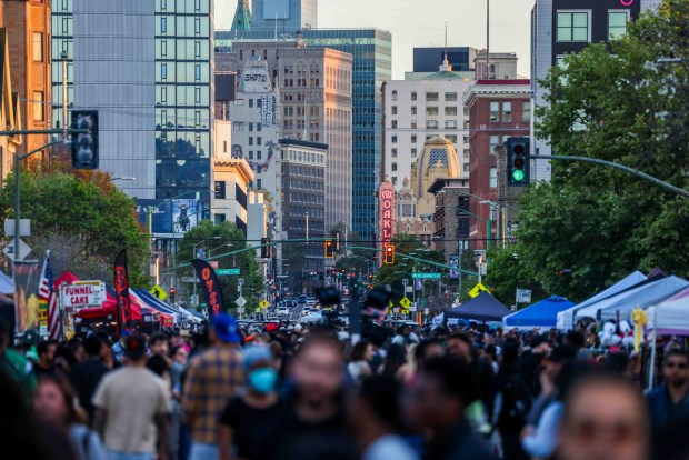 The Oakland Fox Theater is visible during the Oakland First Fridays event along Telegraph Avenue in Oakland, Calif., Friday, April 3, 2026. (Ray Chavez/Bay Area News Group)