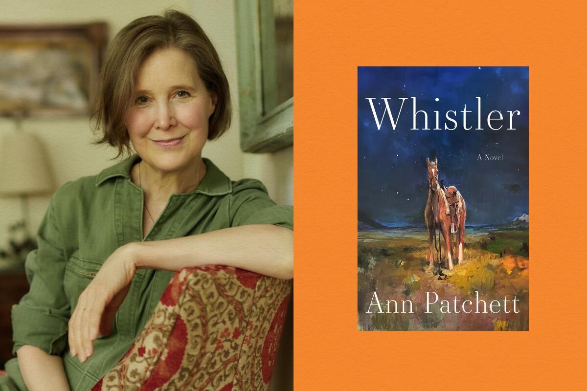 Illustration of Ann Patchett portrait and the book jacket of her novel "Whistler"
