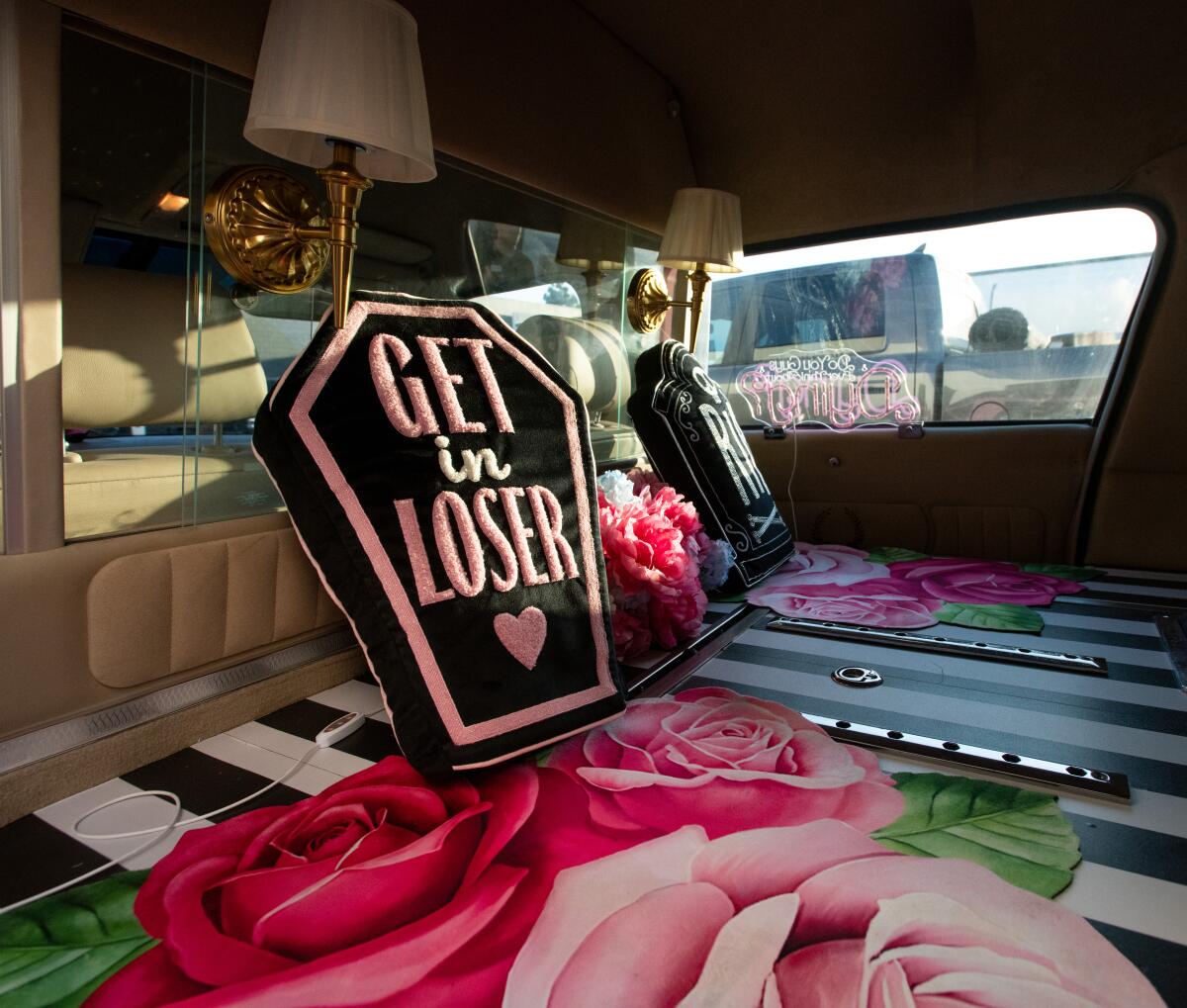 A lighthearted message adorns a pillow in a pink hearse parked outside of Honey River Brewing during Death over Drafts.