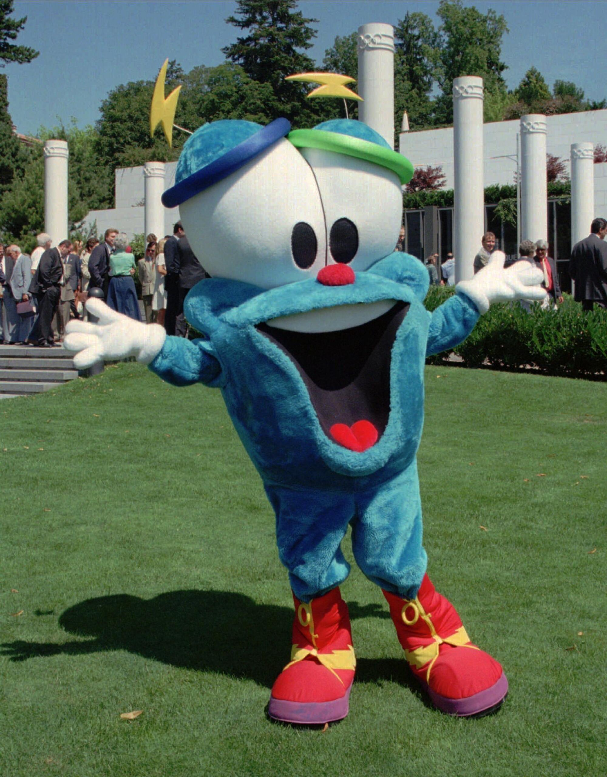 Izzy, the mascot of the Olympic Games of Atlanta 1996, dances in front of the Olympic Museum in Lausanne, Switzerland. 