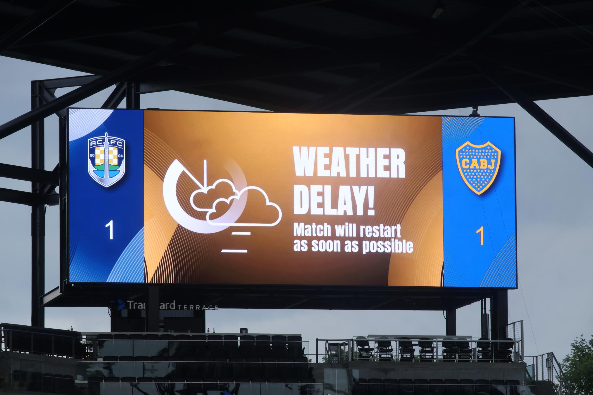 A weather delay interrupts a Club World Cup match between Auckland City FC and Boca Juniors in Nashville in June 2025.