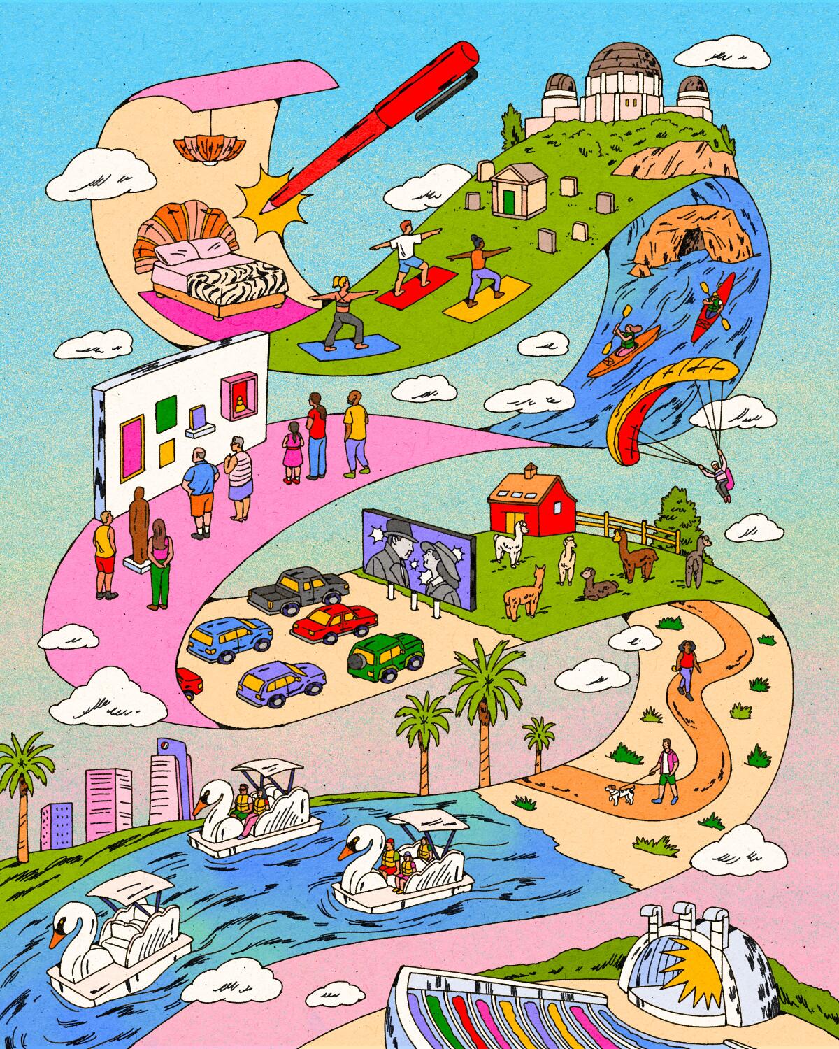 illustration of several summer L.A. activities on a large ribbon list floating in the sky