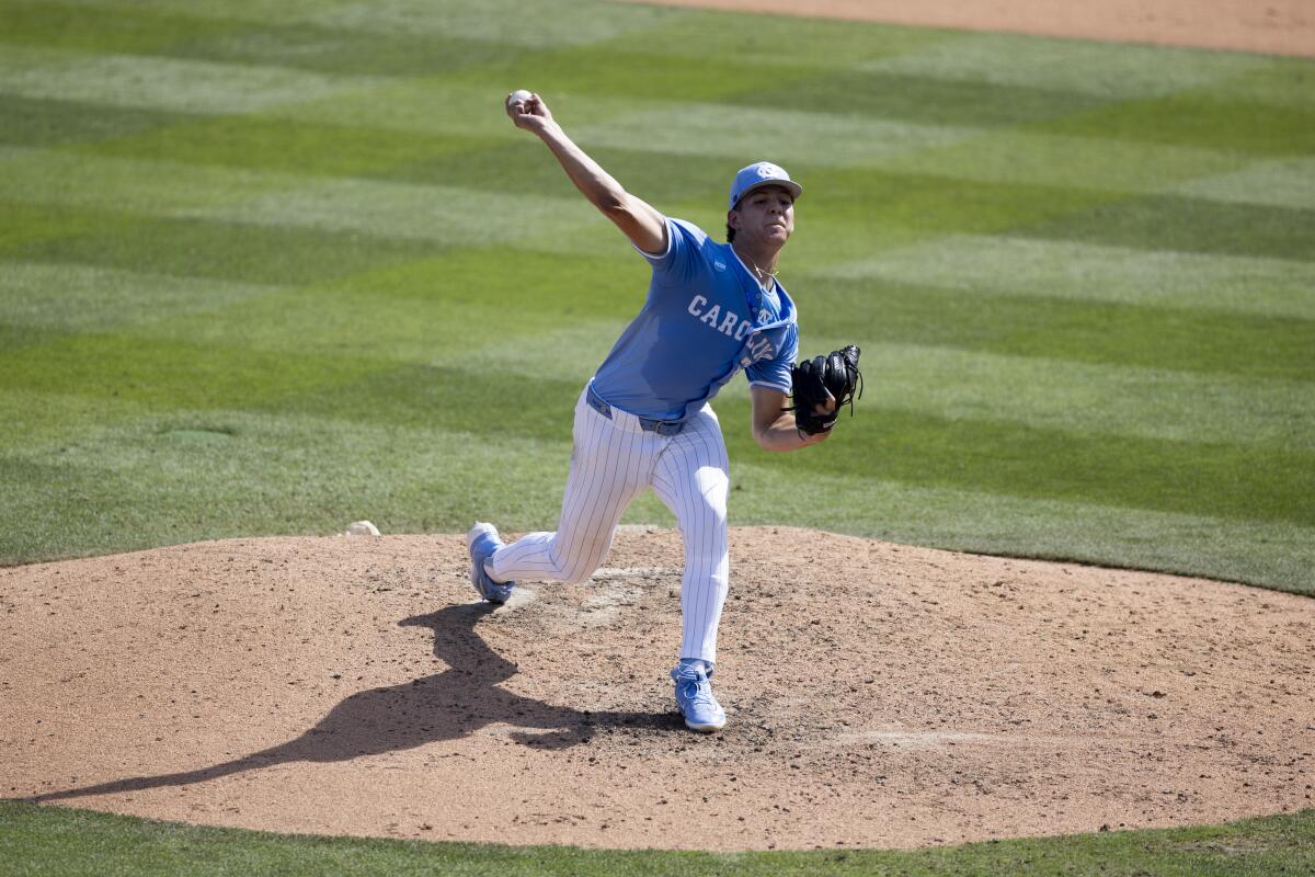 North Carolina pitcher Jason DeCaro delivers against USC in Game 2 of the NCAA Chapel Hill Super Regional on Saturday.