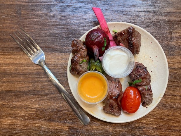Lamb kebab at Mazra in Redwood City ($9) is tender, decadent and expertly seasoned. (Kate Bradshaw/Bay Area News Group)