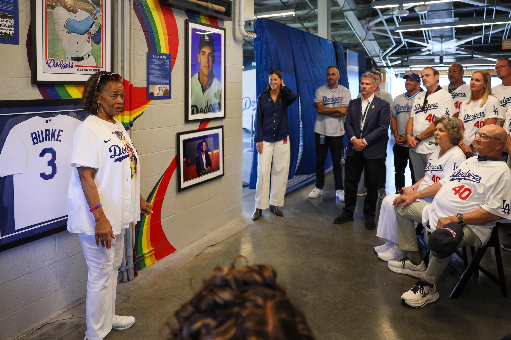 Joyce Henderson, sister of Glenn Burke, speaks about her brother during a ceremony honoring the former Dodger.
