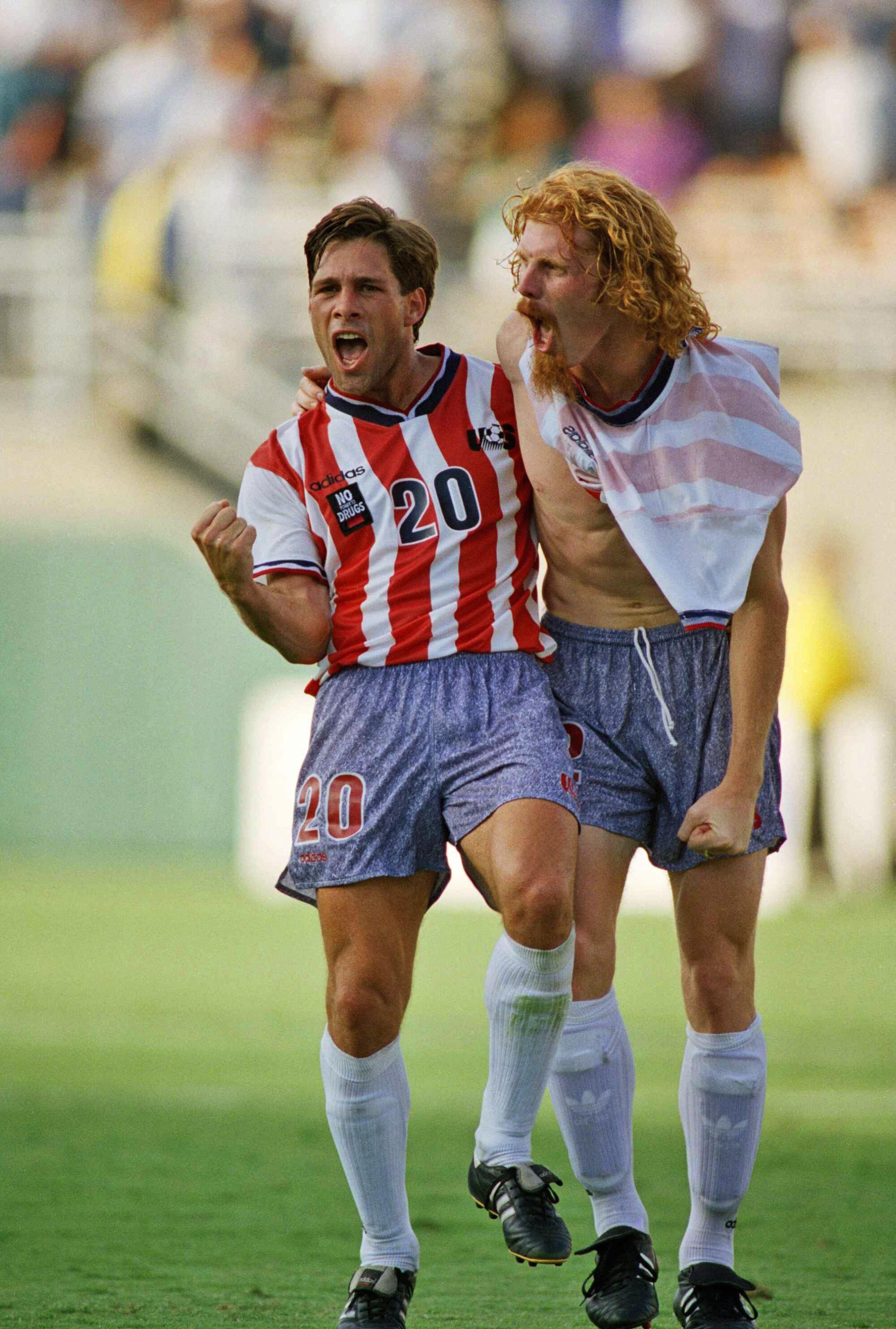 U.S. teammates Paul Caligiuri, left, and Alexi Lalas celebrate a win over Mexico in a World Cup tuneup at the Rose Bowl.