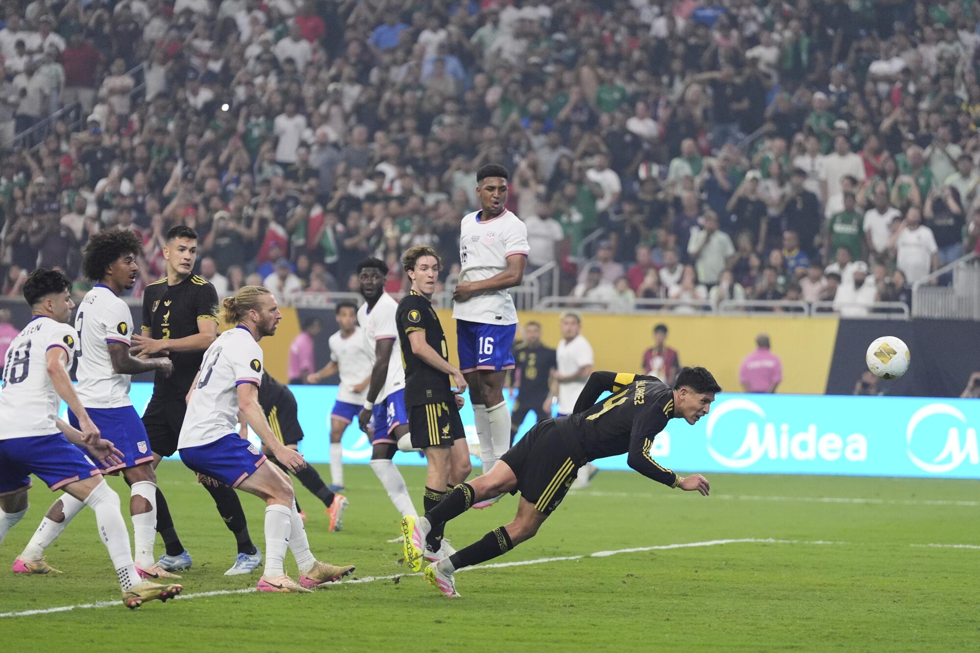 Mexico midfielder Edson Álvarez scores on a header during the 2025 Gold Cup final in Houston.
