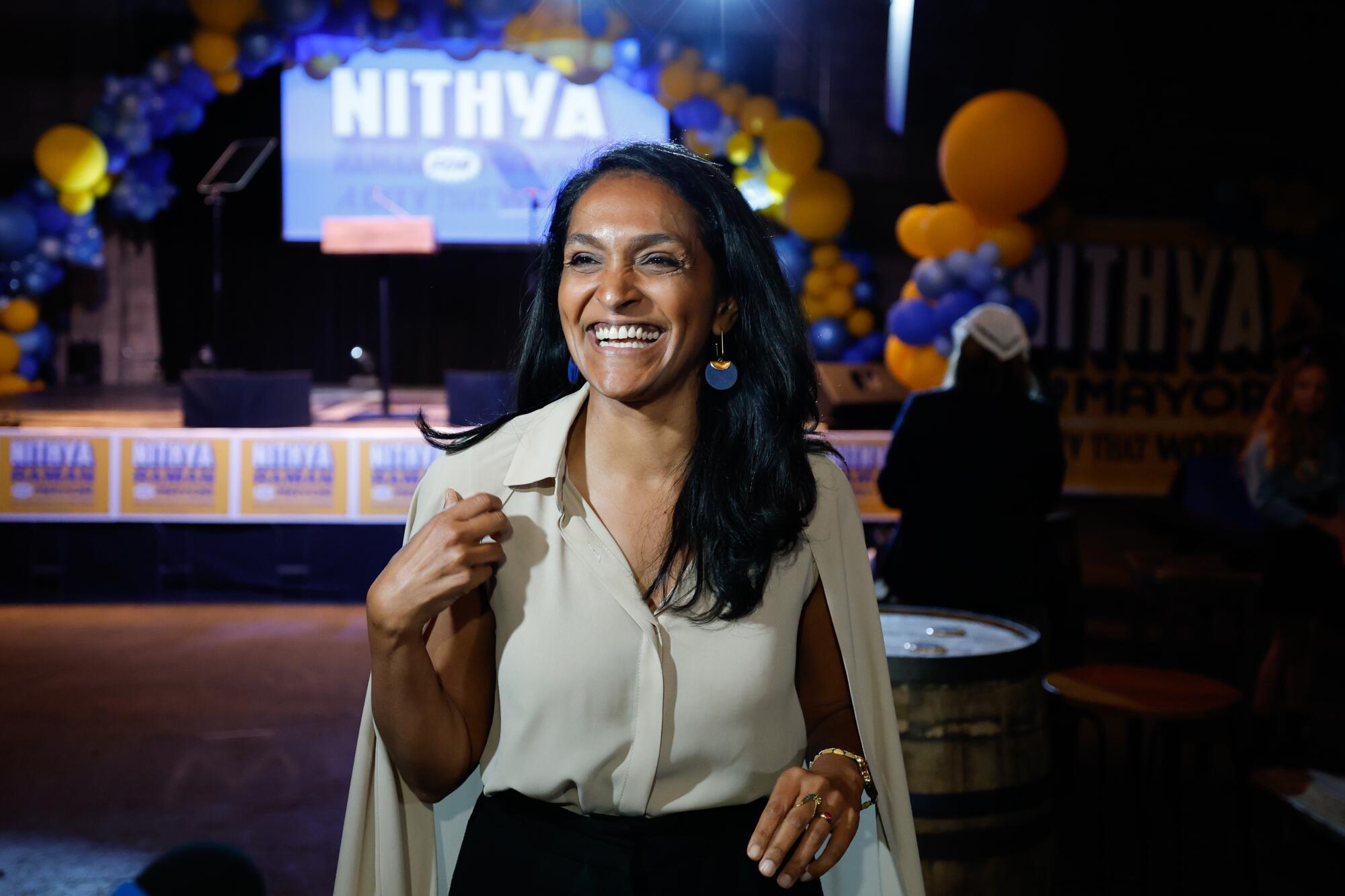 Los Angeles mayoral candidate Nithya Raman smiles during her election night party at Boomtown Brewery.